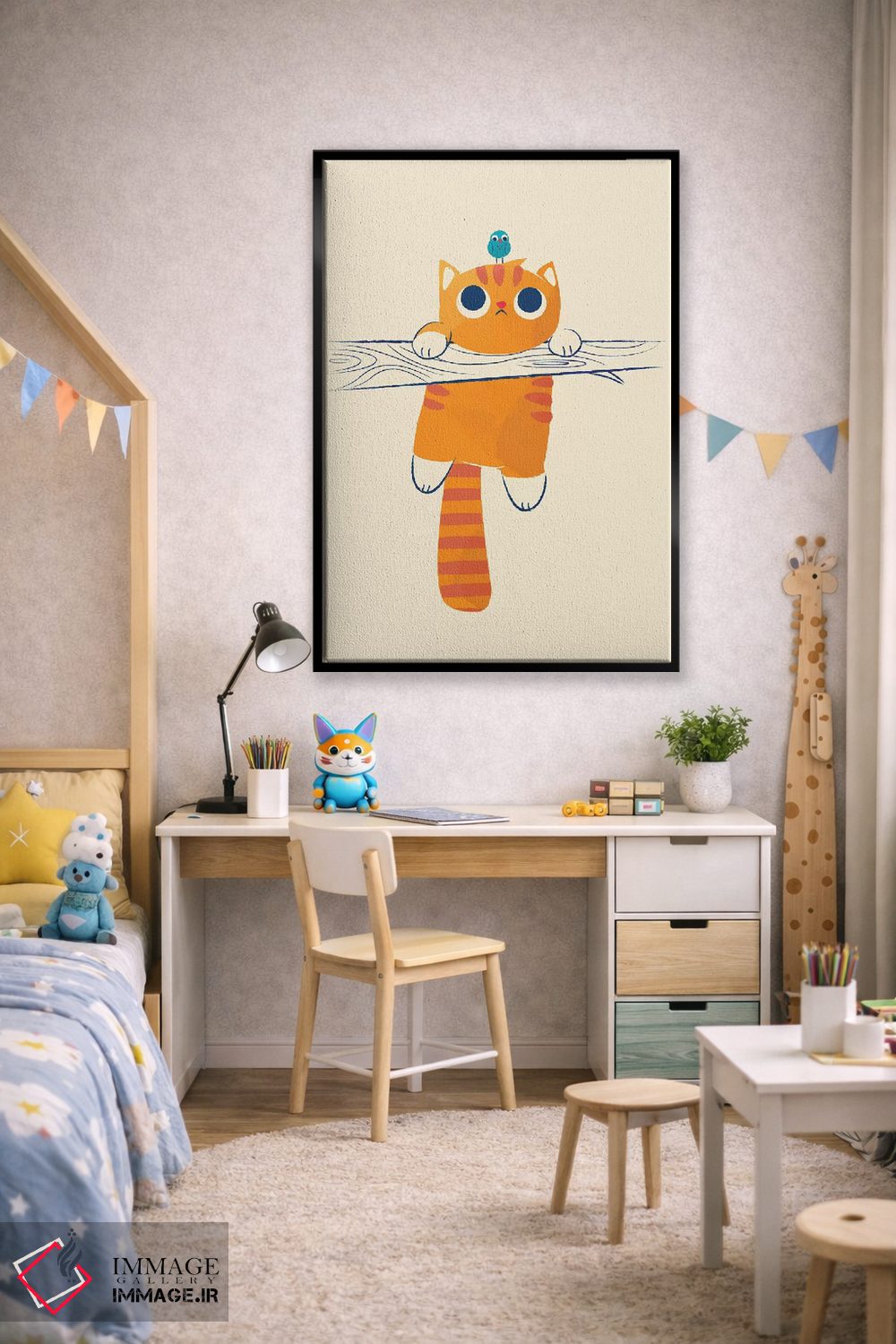 تابلو دکوراتیو گربه چاق، پرنده کوچک اثر جی فلک - D2B