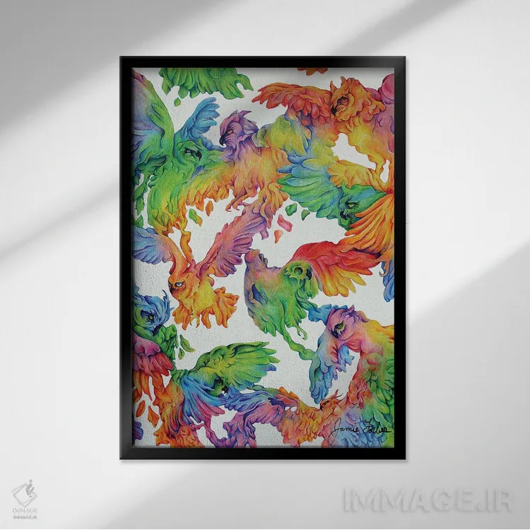 تابلو دکوراتیو رژه جغدها اثر جیمی فوربز - نمای قابدار مشکی