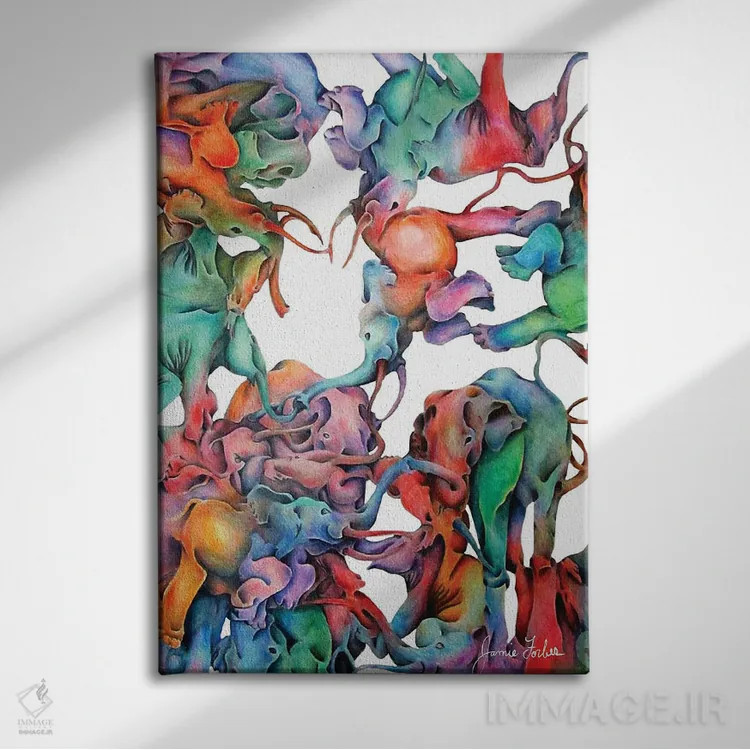 تابلو دکوراتیو رژه فیل ها اثر جیمی فوربز - نمای روبهرو روی دیوار