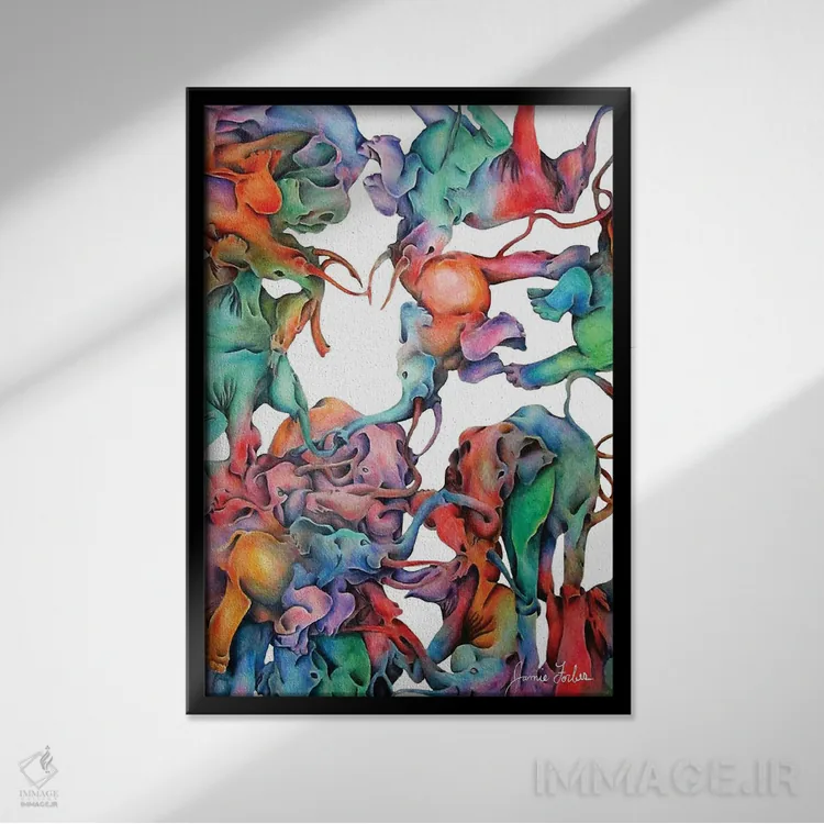 تابلو دکوراتیو رژه فیل ها اثر جیمی فوربز - نمای قابدار مشکی