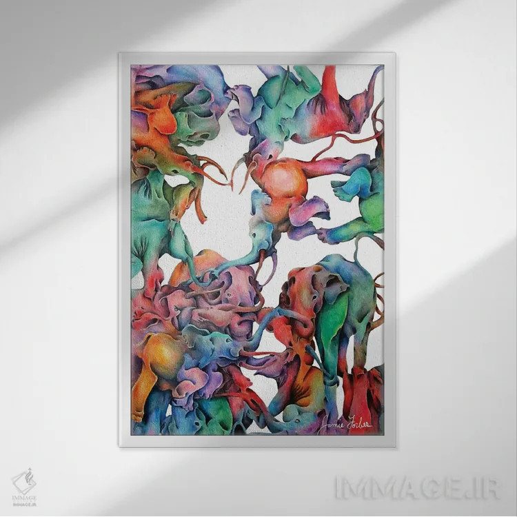 تابلو دکوراتیو رژه فیل ها اثر جیمی فوربز - نمای قابدار سفید