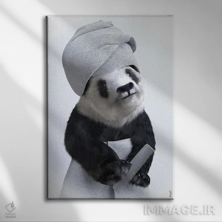 تابلو دکوراتیو پاندا در وان، حیوانات با حوله حمامی اثر جوفری فیلیپ - نمای روبهرو روی دیوار