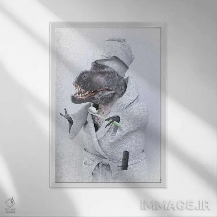 تابلو دکوراتیو تیرانوسوروس در وان اثر جوفری فیلیپ - نمای قابدار سفید