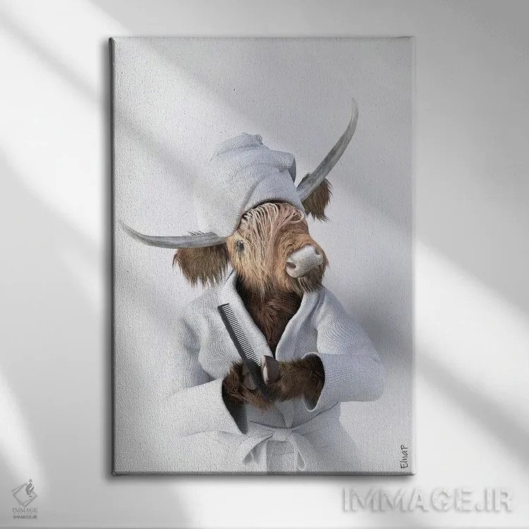 تابلو دکوراتیو طرح گاو کوهستانی برای حمام اثر جوفری فیلیپ - نمای روبهرو روی دیوار