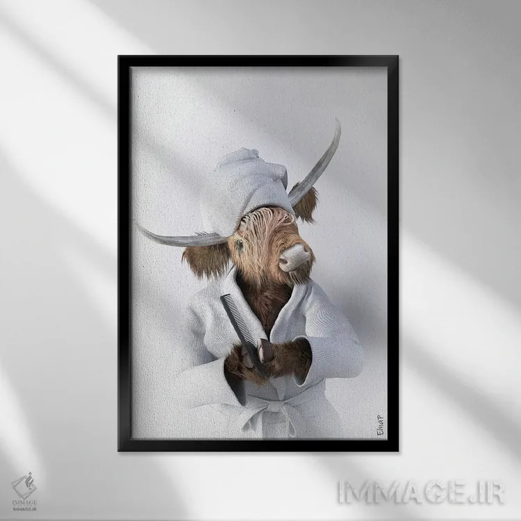 تابلو دکوراتیو طرح گاو کوهستانی برای حمام اثر جوفری فیلیپ - نمای قابدار مشکی