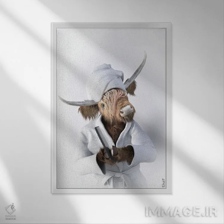 تابلو دکوراتیو طرح گاو کوهستانی برای حمام اثر جوفری فیلیپ - نمای قابدار سفید