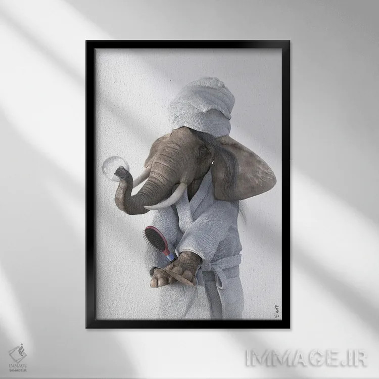 تابلو دکوراتیو طرح فیل برای حمام اثر جوفری فیلیپ - نمای قابدار مشکی