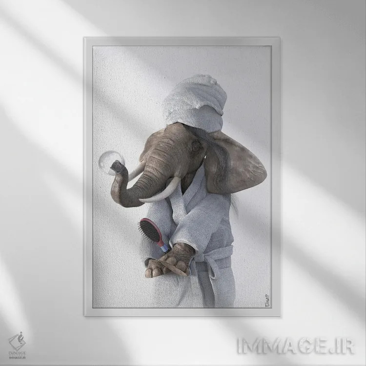 تابلو دکوراتیو طرح فیل برای حمام اثر جوفری فیلیپ - نمای قابدار سفید