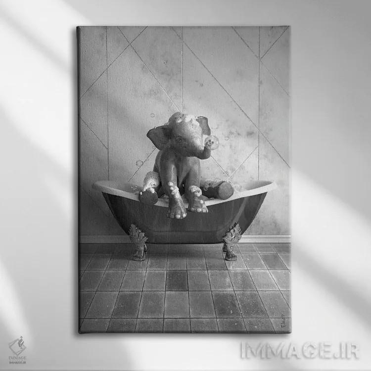 تابلو دکوراتیو طرح فیل برای حمام، پوستر بامزه فیل اثر جوفری فیلیپ - نمای روبهرو روی دیوار