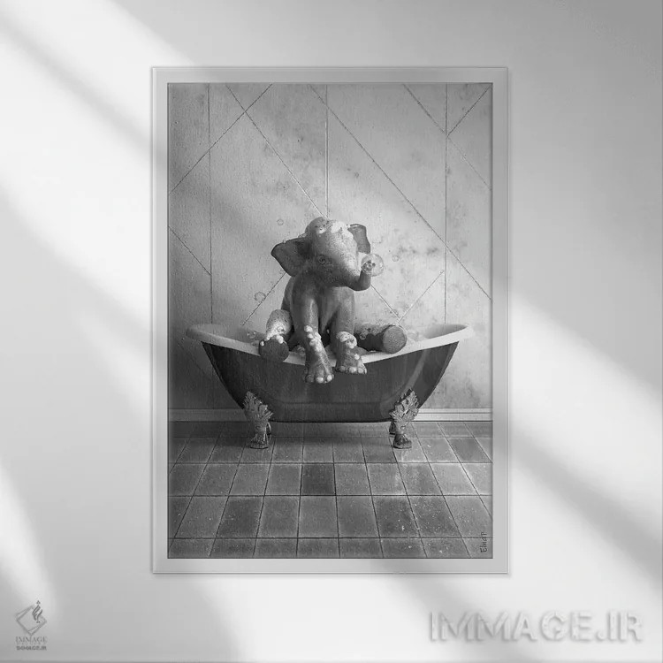 تابلو دکوراتیو طرح فیل برای حمام، پوستر بامزه فیل اثر جوفری فیلیپ - نمای قابدار سفید