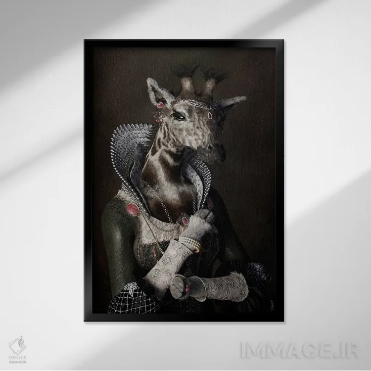 تابلو دکوراتیو پرتره زرافه به سبک رنسانس قدیمی اثر جوفری فیلیپ - نمای قابدار مشکی