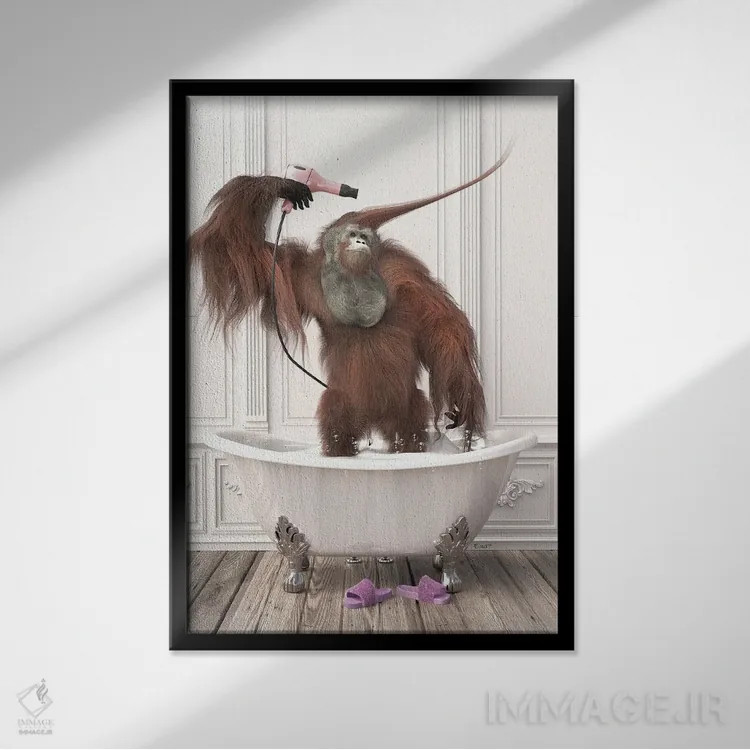 تابلو دکوراتیو اورانگوتان ها در حمام اثر جوفری فیلیپ - نمای قابدار مشکی