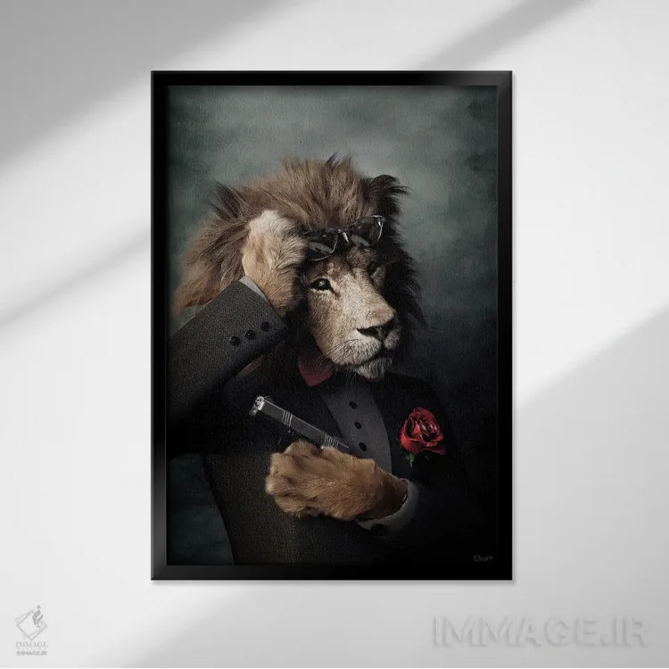 تابلو دکوراتیو پرتره شیر به سبک رنسانس قدیمی اثر جوفری فیلیپ - نمای قابدار مشکی