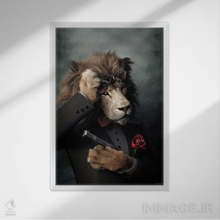 تابلو دکوراتیو پرتره شیر به سبک رنسانس قدیمی اثر جوفری فیلیپ - نمای قابدار سفید