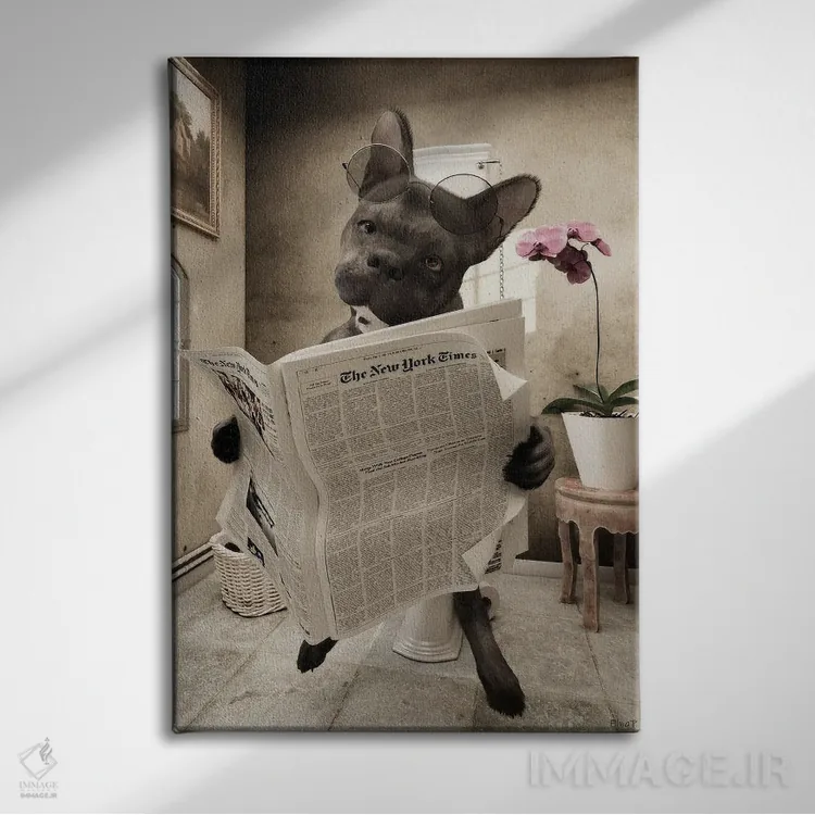 تابلو دکوراتیو بولداگ نشسته روی توالت، طرح بامزه حمام، هنر حیوانات اثر جوفری فیلیپ - نمای روبهرو روی دیوار