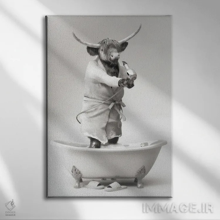 تابلو دکوراتیو آرایشگر گاو کوهستانی سیاه و سفید اثر جوفری فیلیپ - نمای روبهرو روی دیوار