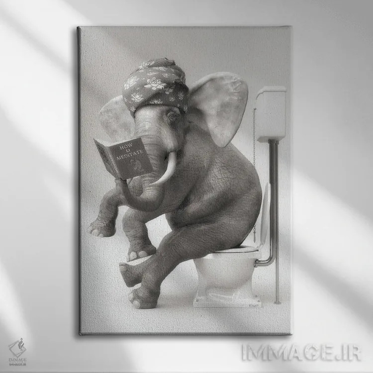 تابلو دکوراتیو فیل در توالت با یک کتاب اثر جوفری فیلیپ - نمای روبهرو روی دیوار