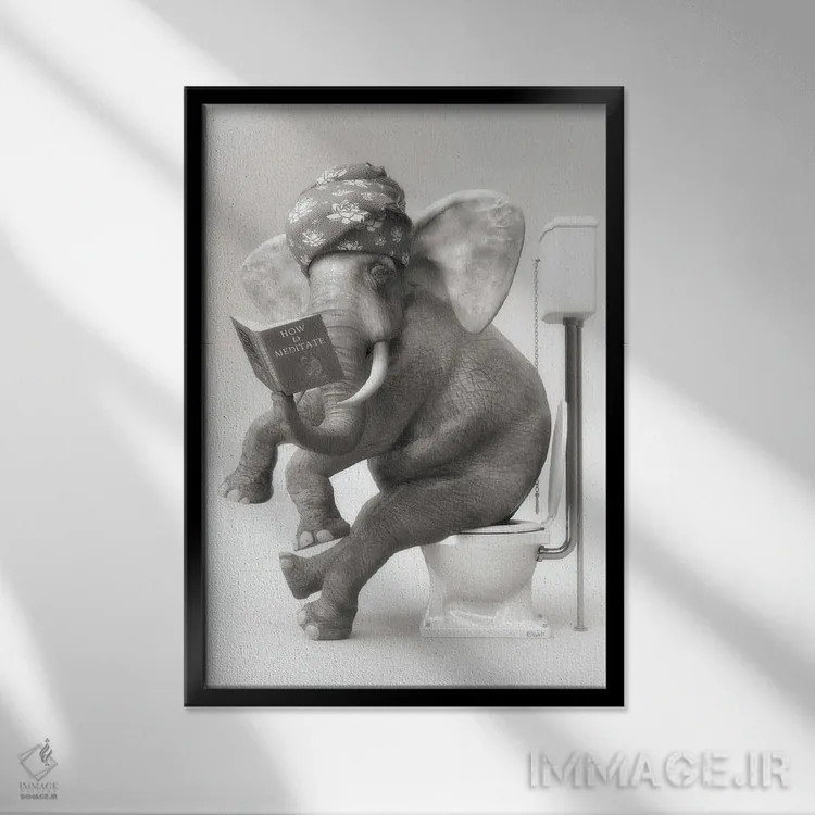 تابلو دکوراتیو فیل در توالت با یک کتاب اثر جوفری فیلیپ - نمای قابدار مشکی