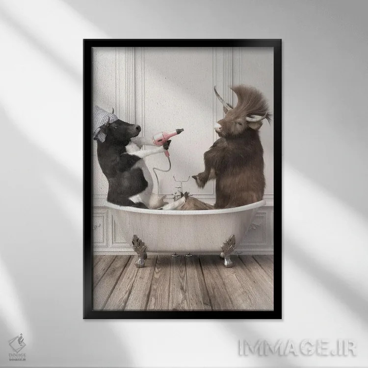 تابلو دکوراتیو گاوها در حمام اثر جوفری فیلیپ - نمای قابدار مشکی