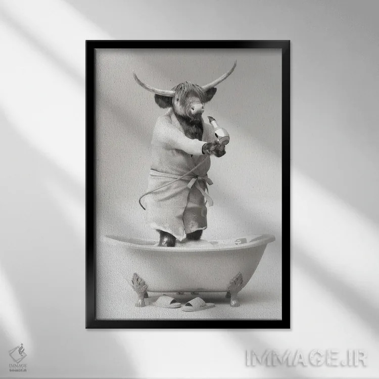 تابلو دکوراتیو آرایشگر گاو کوهستانی سیاه و سفید اثر جوفری فیلیپ - نمای قابدار مشکی