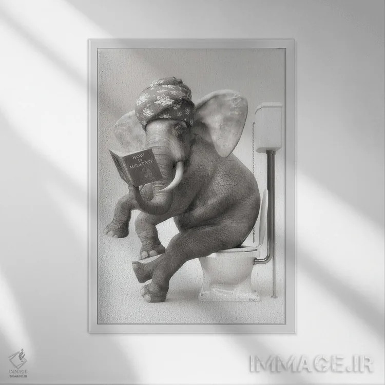 تابلو دکوراتیو فیل در توالت با یک کتاب اثر جوفری فیلیپ - نمای قابدار سفید