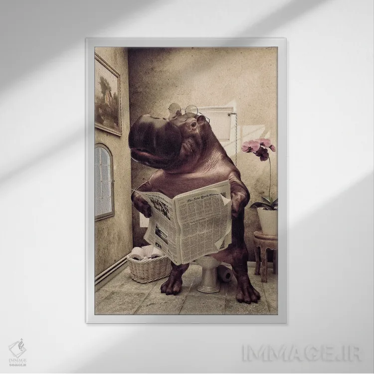 تابلو دکوراتیو اسب آبی روی توالت، طرح بامزه حمام، هنر حیوانات سافاری اثر جوفری فیلیپ - نمای قابدار سفید