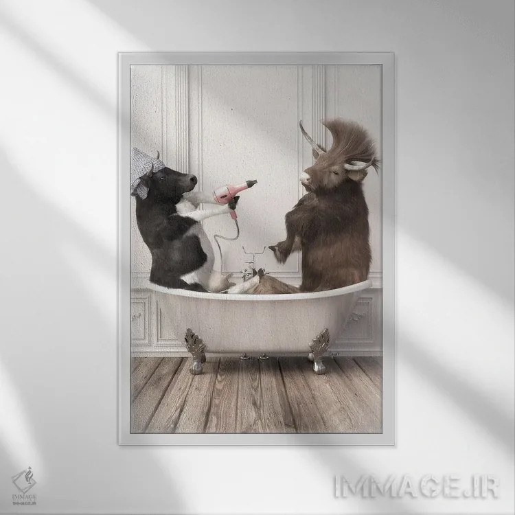 تابلو دکوراتیو گاوها در حمام اثر جوفری فیلیپ - نمای قابدار سفید