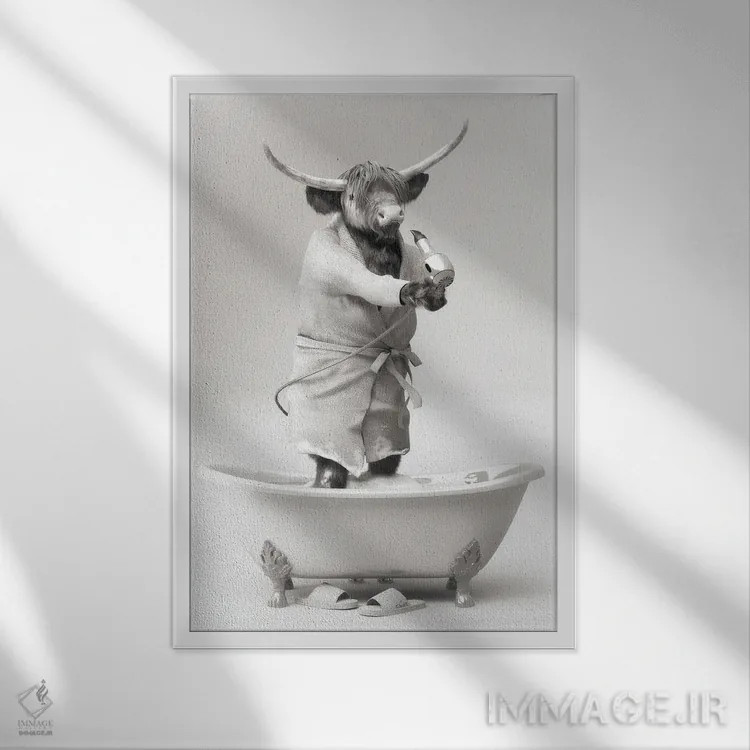 تابلو دکوراتیو آرایشگر گاو کوهستانی سیاه و سفید اثر جوفری فیلیپ - نمای قابدار سفید