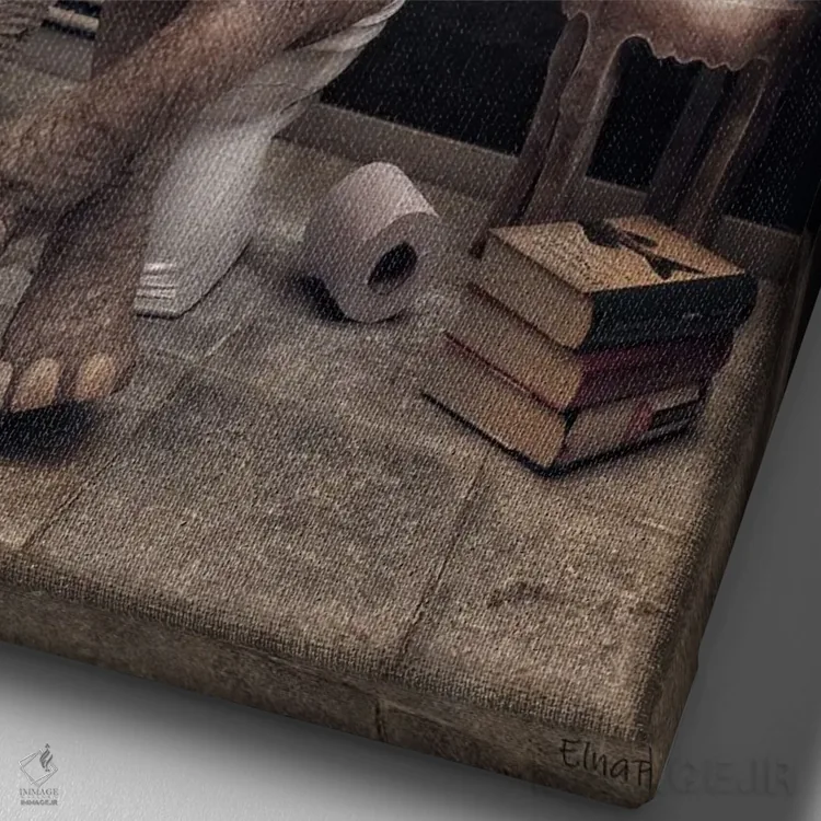 تابلو دکوراتیو فیل نشسته روی توالت، طرح بامزه حمام، هنر حیوانات اثر جوفری فیلیپ - نمای نزدیک بافت بوم