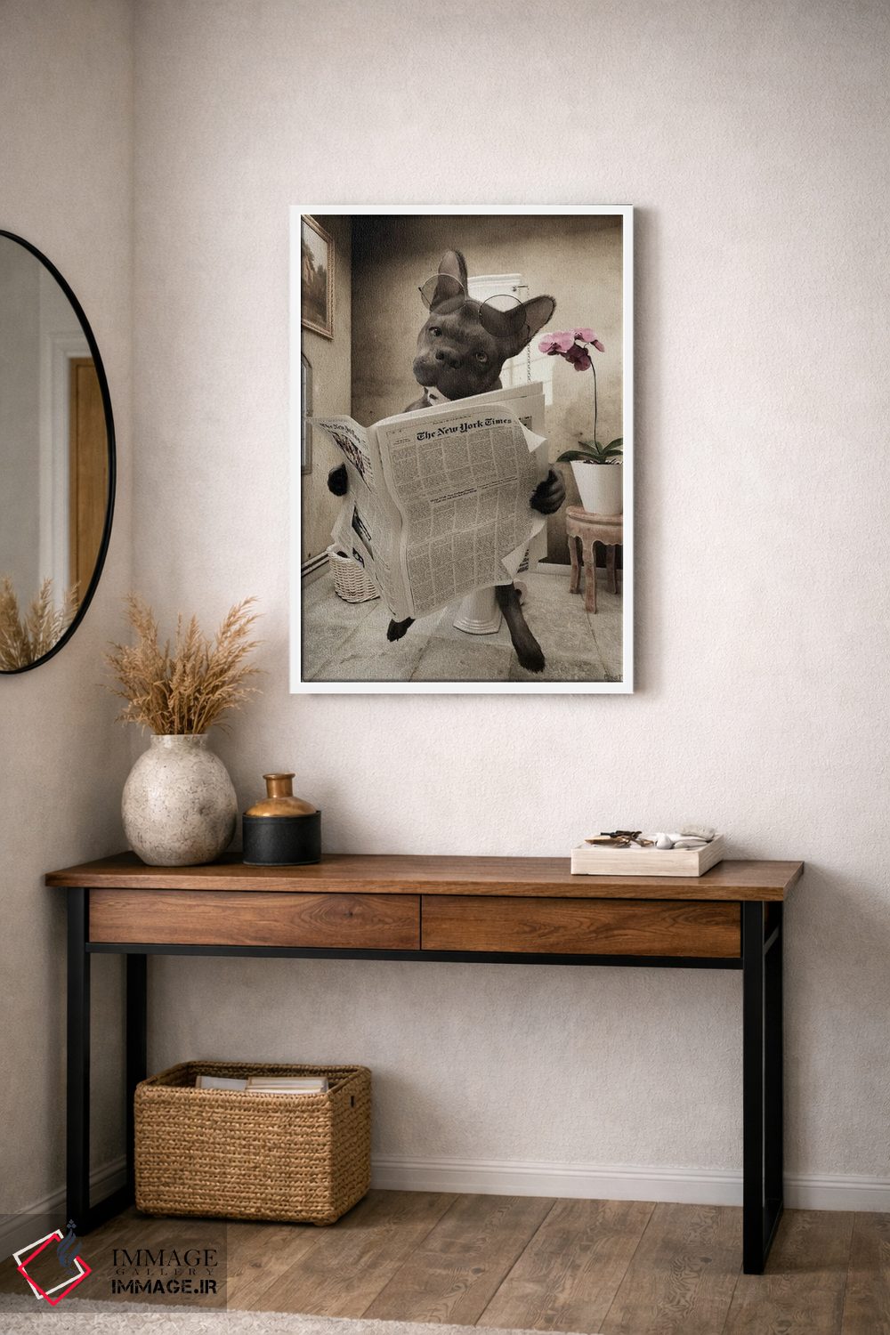 تابلو دکوراتیو بولداگ نشسته روی توالت، طرح بامزه حمام، هنر حیوانات اثر جوفری فیلیپ - D4W