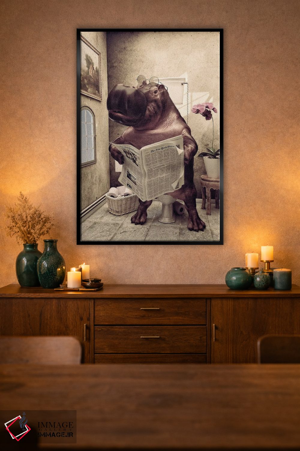 تابلو دکوراتیو اسب آبی روی توالت، طرح بامزه حمام، هنر حیوانات سافاری اثر جوفری فیلیپ - D2B