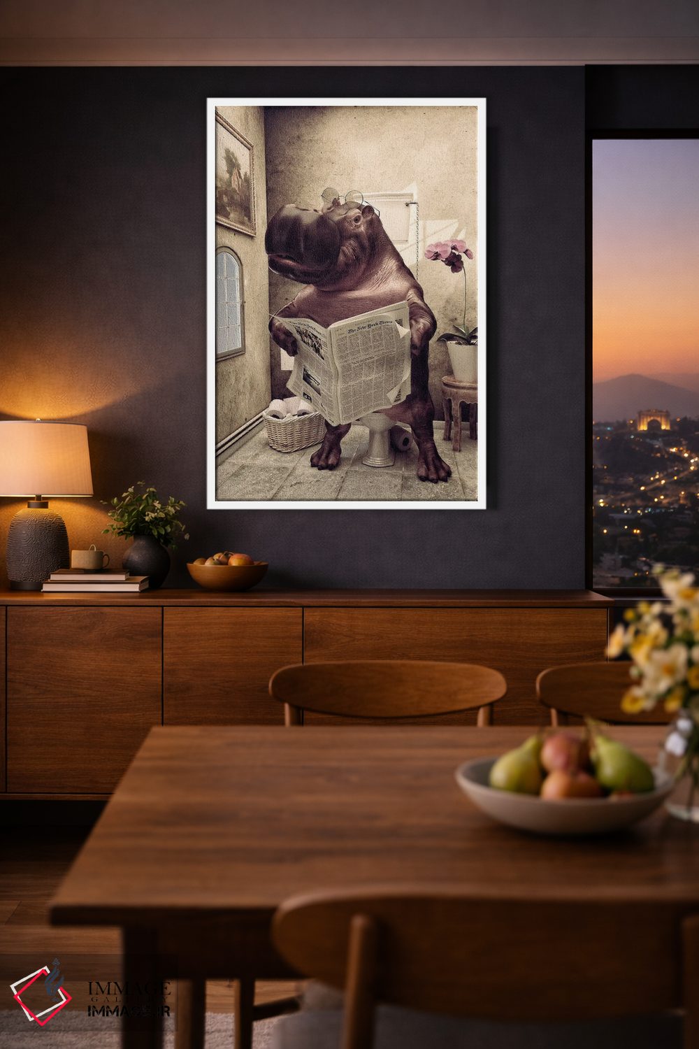 تابلو دکوراتیو اسب آبی روی توالت، طرح بامزه حمام، هنر حیوانات سافاری اثر جوفری فیلیپ - D4W