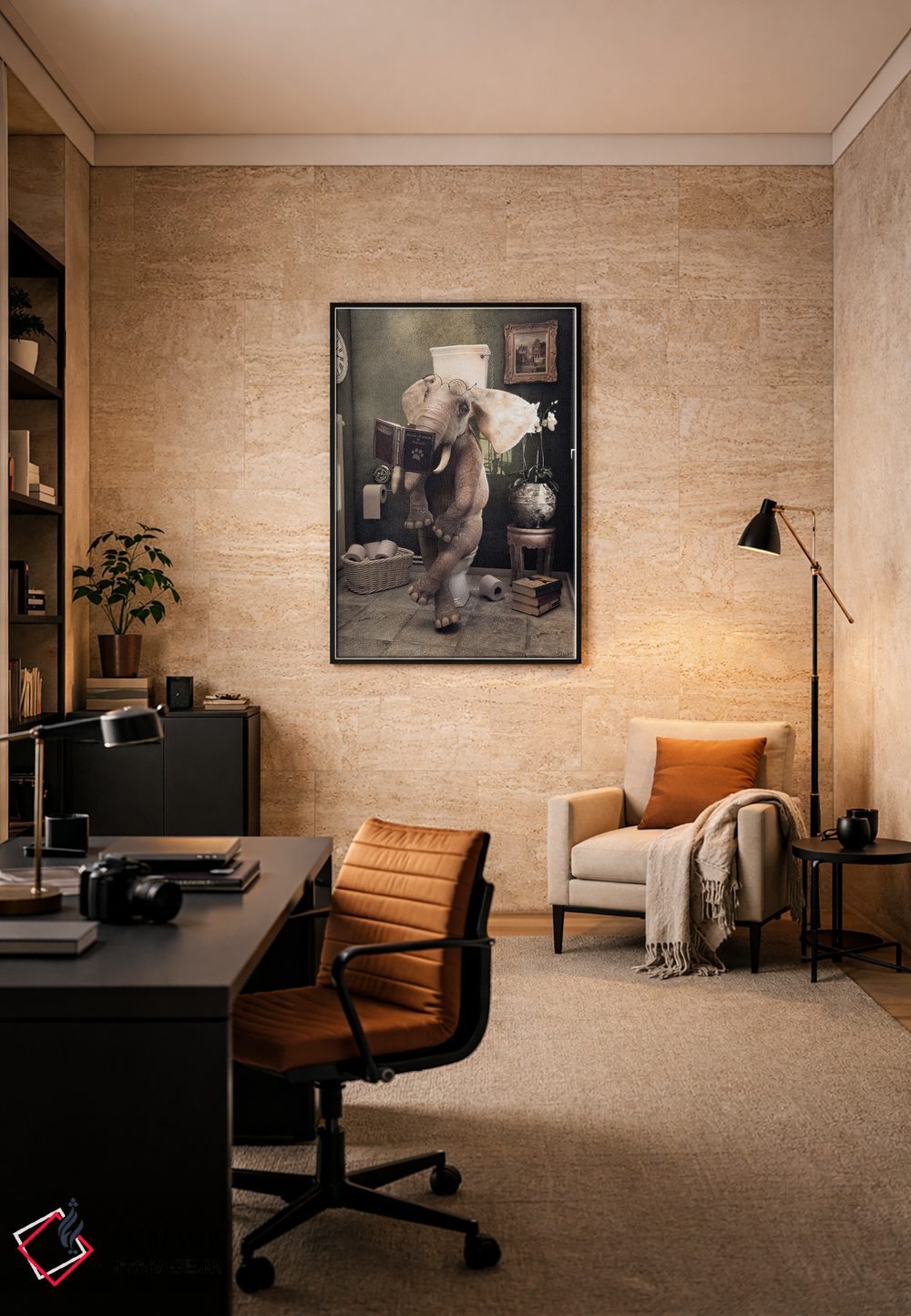 تابلو دکوراتیو فیل نشسته روی توالت، طرح بامزه حمام، هنر حیوانات اثر جوفری فیلیپ - D6B