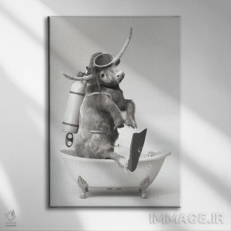 تابلو دکوراتیو گاو کوهستانی در حمام در حال غواصی زیر آب اثر جوفری فیلیپ - نمای روبهرو روی دیوار