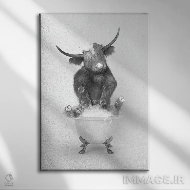 تابلو دکوراتیو گاو کوهستانی در حمام جلویی اثر جوفری فیلیپ - نمای روبهرو روی دیوار