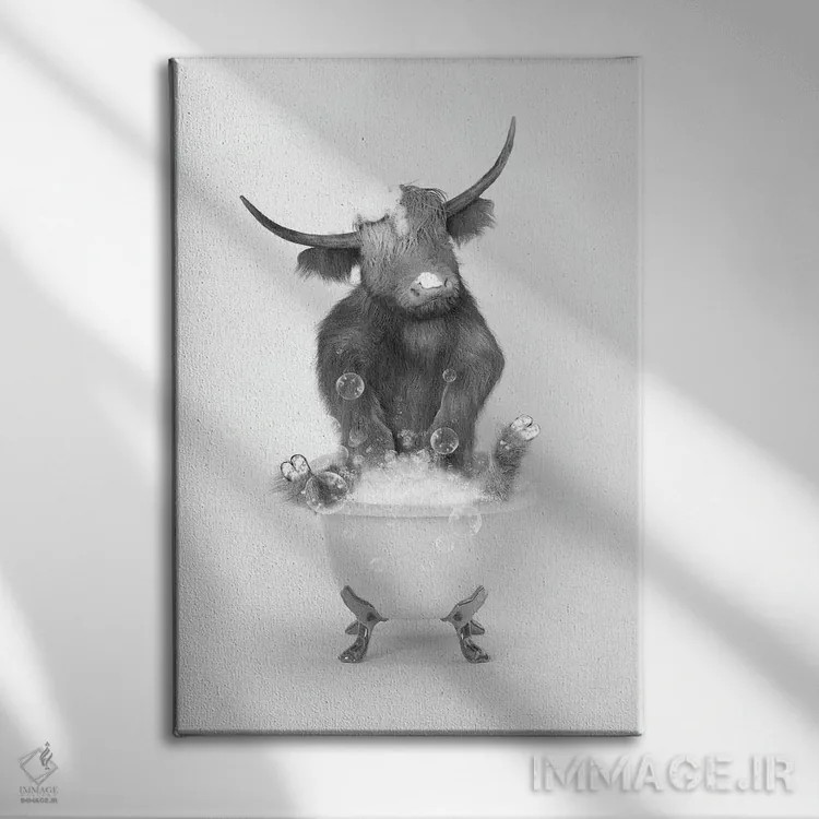 تابلو دکوراتیو گاو کوهستانی در حمام جلویی اثر جوفری فیلیپ - نمای روبهرو روی دیوار
