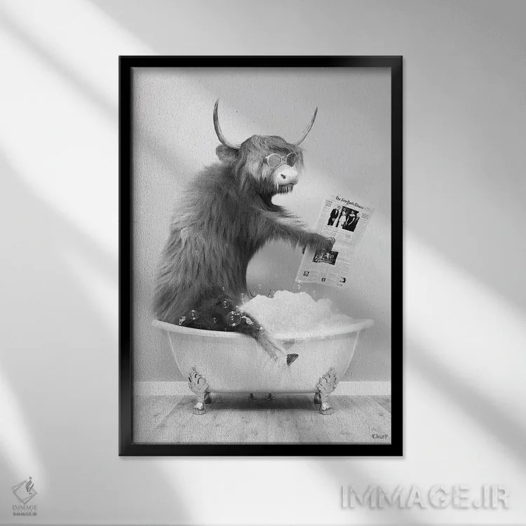 تابلو دکوراتیو دفترچه گاو کوهستانی در حمام اثر جوفری فیلیپ - نمای قابدار مشکی