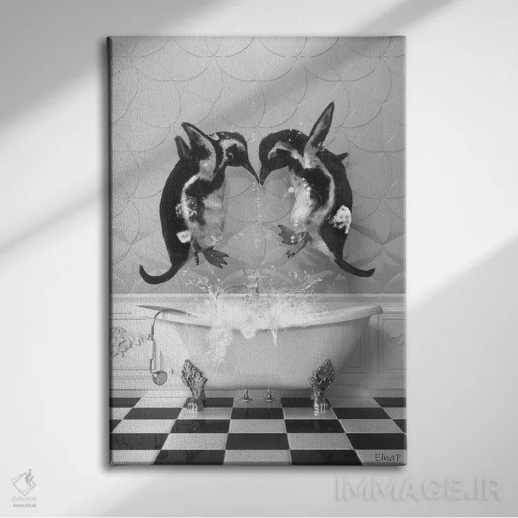 تابلو دکوراتیو پنگوئن ها در حمام اثر جوفری فیلیپ - نمای روبهرو روی دیوار