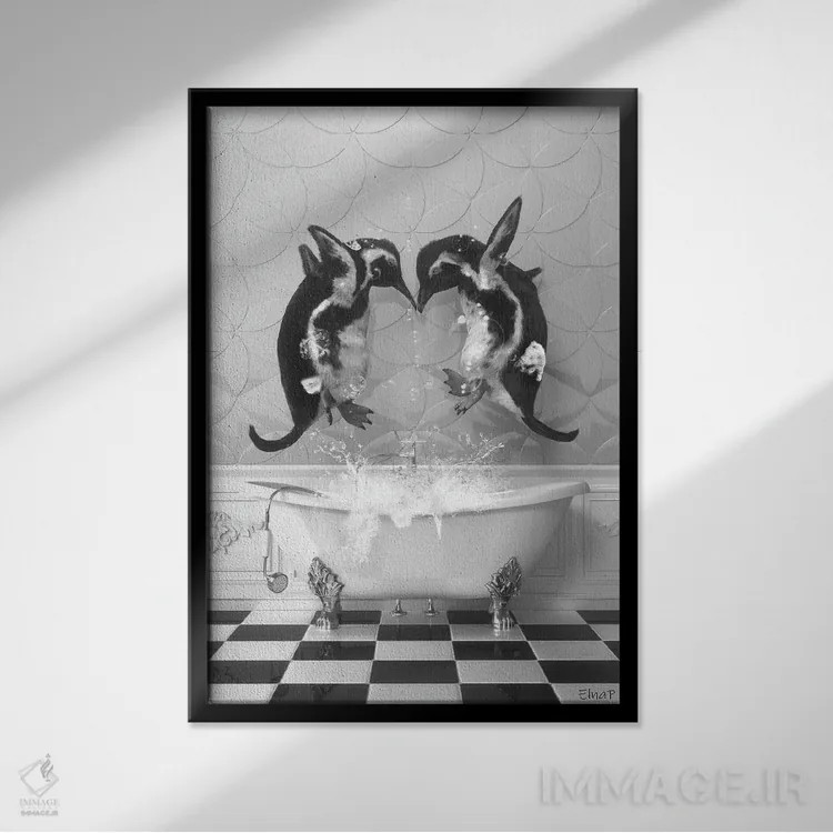 تابلو دکوراتیو پنگوئن ها در حمام اثر جوفری فیلیپ - نمای قابدار مشکی