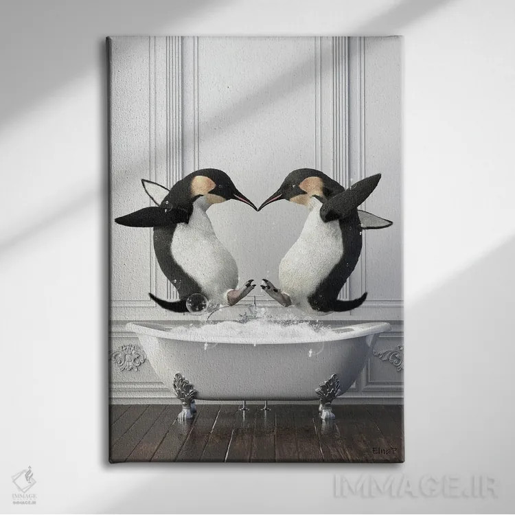 تابلو دکوراتیو پنگوئن ها در حمام در حال خوش گذرانی اثر جوفری فیلیپ - نمای روبهرو روی دیوار
