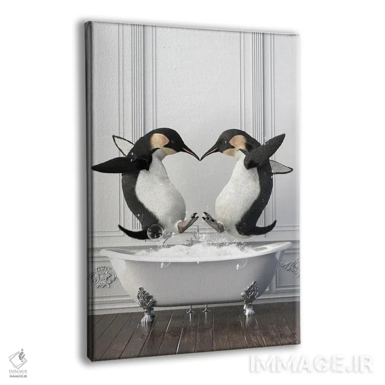 تابلو دکوراتیو پنگوئن ها در حمام در حال خوش گذرانی اثر جوفری فیلیپ - نمای پرسپکتیو محصول