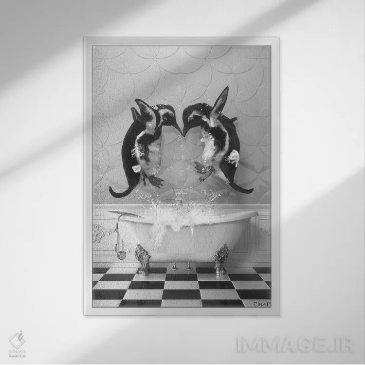 تابلو دکوراتیو پنگوئن ها در حمام اثر جوفری فیلیپ - نمای قابدار سفید