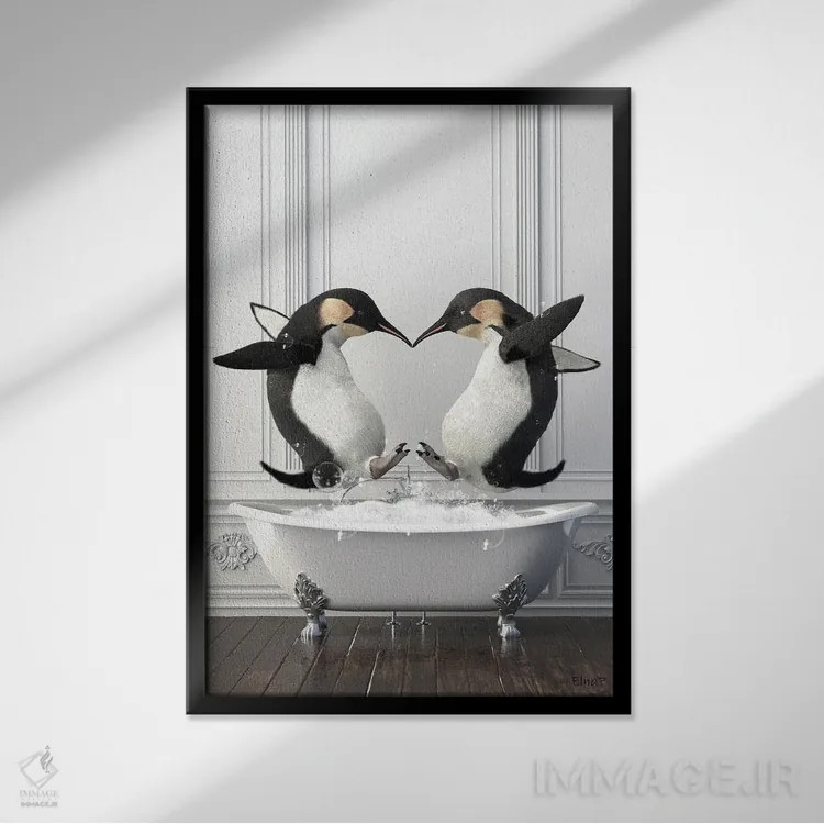 تابلو دکوراتیو پنگوئن ها در حمام در حال خوش گذرانی اثر جوفری فیلیپ - نمای قابدار مشکی