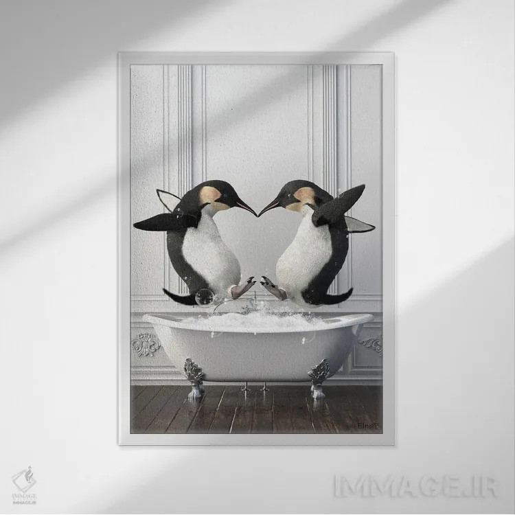 تابلو دکوراتیو پنگوئن ها در حمام در حال خوش گذرانی اثر جوفری فیلیپ - نمای قابدار سفید