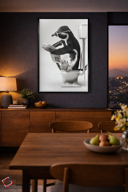 تابلو دکوراتیو پنگوئن در توالت سیاه و سفید اثر جوفری فیلیپ - D4B