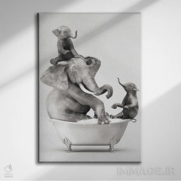 تابلو دکوراتیو فیل و بچه در حمام در حال خوش گذرانی اثر جوفری فیلیپ - نمای روبهرو روی دیوار