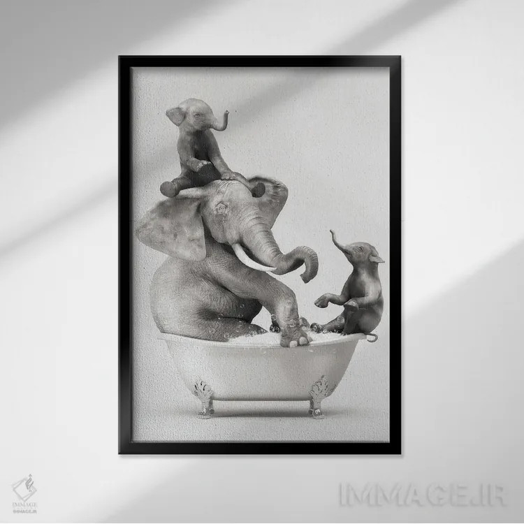 تابلو دکوراتیو فیل و بچه در حمام در حال خوش گذرانی اثر جوفری فیلیپ - نمای قابدار مشکی