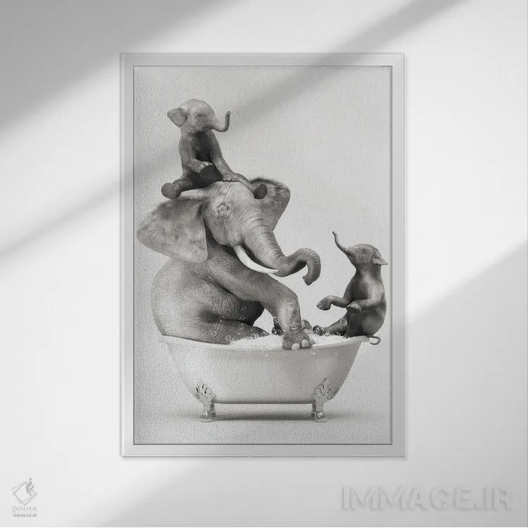 تابلو دکوراتیو فیل و بچه در حمام در حال خوش گذرانی اثر جوفری فیلیپ - نمای قابدار سفید