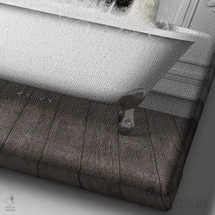 تابلو دکوراتیو پنگوئن ها و زرافه در حمام در حال خوش گذرانی اثر جوفری فیلیپ - نمای نزدیک بافت بوم