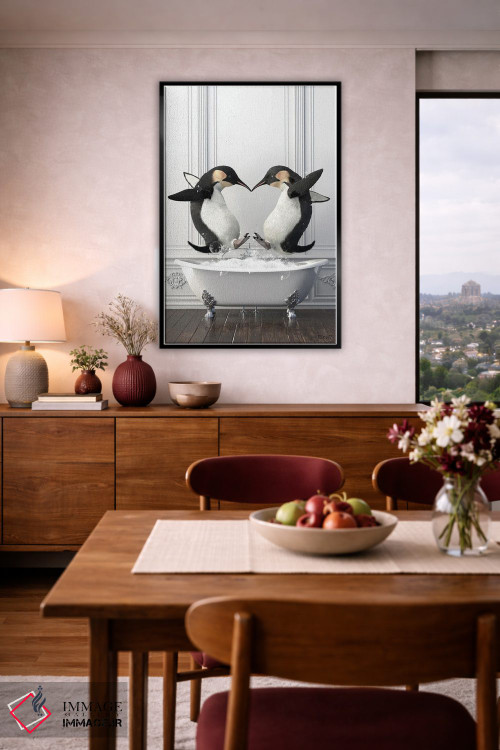 تابلو دکوراتیو پنگوئن ها در حمام در حال خوش گذرانی اثر جوفری فیلیپ - D6B